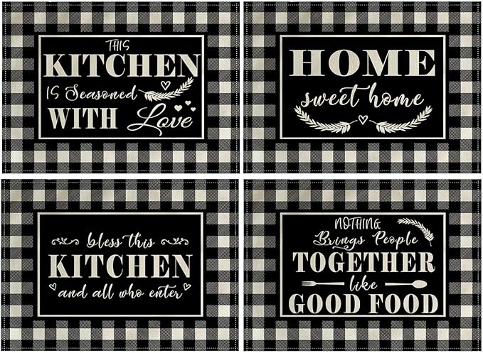 4Pack Farmhouse Decor Placemats Black White Buffalo Plaid Kitchen Inspirational Quotes Decor Table Mats Waterproof Heat Resistant Washable Non-Slip Place Mats for Dinner Kitchen Decor Table 12”×16”