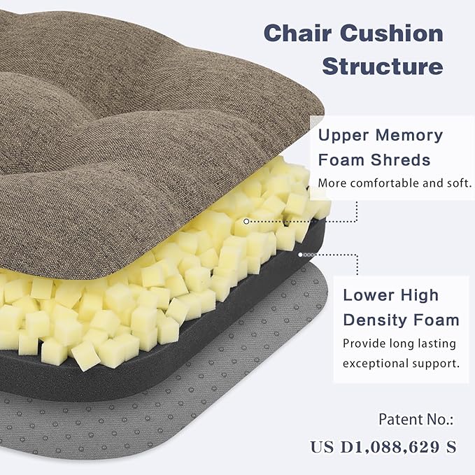 baibu Set of 2 Dining Chair Cushions, Dual-Layer Patent Design Memory Foam Kitchen Chair Cushions, Non-Slip Seat Pads with Ties, 16.5 x 16.5 x 3.5in, 2 Pack, Brown