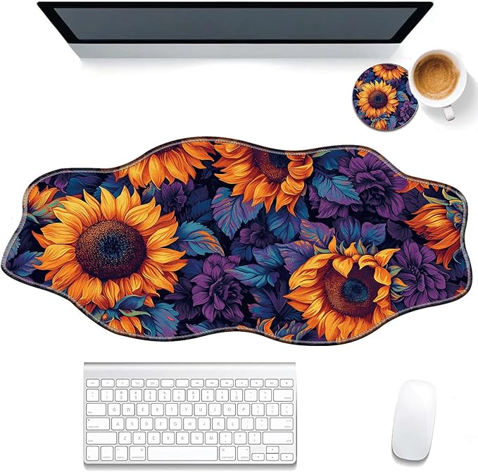 Large Gaming Mouse Pad for Desk,35.4 * 15.7in,Irregular Wavy Stitched Edges,XL Mousepad with Anti-Skid Rubber Base,Keyboard and Mouse Mat,Office Desk Writing Pad,Sunflower