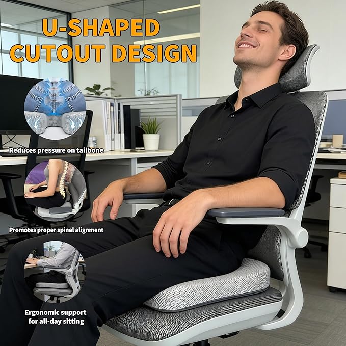 Coccyx & Tailbone Support Seat Cushion for Office & Car – Ergonomic U-Cutout Memory Foam for Sciatica, Pressure Relief, All-Day Comfort – Perfect for Desk Chair, Driving, Travel (Grey)