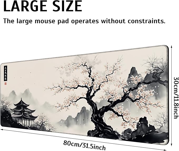 Large Gaming Mouse Pad Japanese Cherry Blossom Desk Mat,Non-Slip Rubber Base Stitched Edges,Extended Mousepad for PC,Laptop,Office,Home Decor(31.5 x 11.8 Inch)
