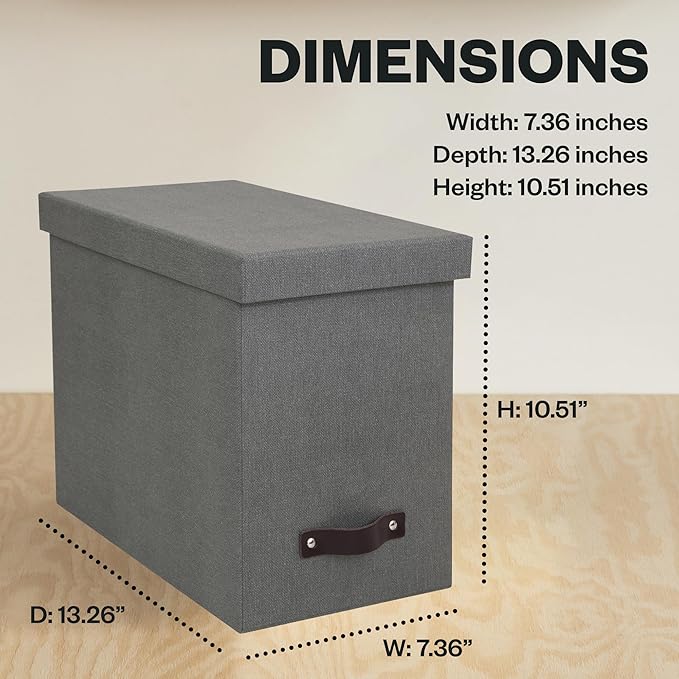 Bigso John Desktop File Box - Storage Solution and Document Organizer for Important Paperwork - Durable Hanging File Box with a Lid and Leather Handle - 7.36 in x 13.26 in x 10.51 in - Grey