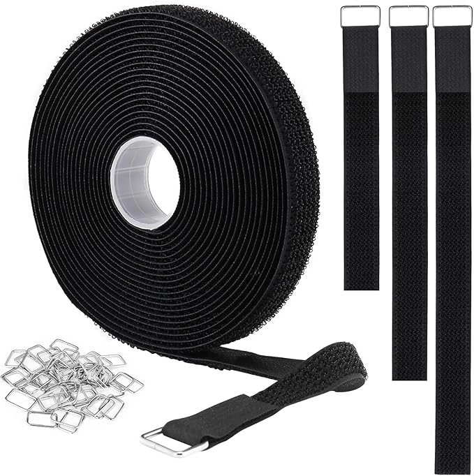 YMCRLUX 1"x16ft Hook and Loop Straps with 25 Metal Buckles, Adjustable Fastening Cable Straps, Cut-to-Length Cinch Strap, Reusable Nylon Securing Cord Ties for Organizer or Storage, 1 inch Wide, Black