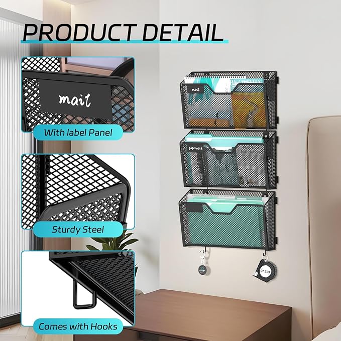 SUPEASY Wall File Organizer 6 Pack, Magnetic Mesh Wall File Holder with Hooks and Label Panel, Wall Mounted Mail Organizer for Office, Home, Classroom, Letter Size and A4 Files