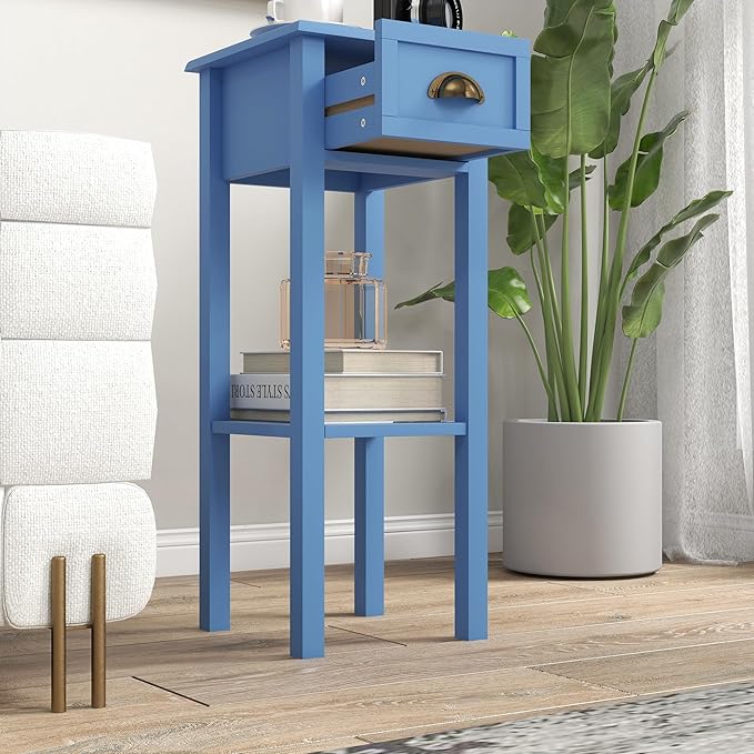 HOMCOM Narrow End Table with Drawer and Bottom Shelf, Slim Side Table for Small Spaces, Skinny Modern Space-Saving Accent Desk for Living Room, Set of 1, Light Blue