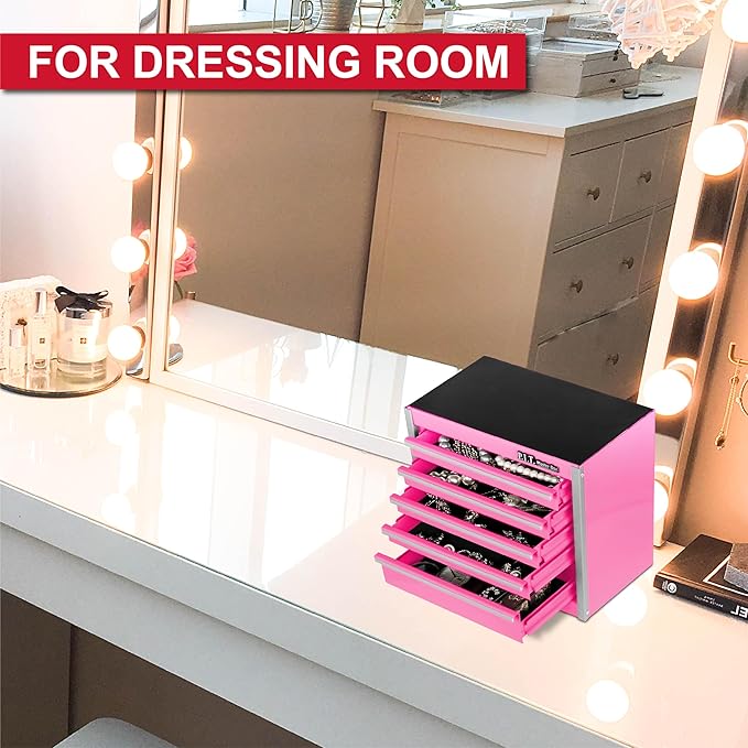 P.I.T. Mini Tool Box 8.6"W X 4.6"D, Portable 5-Drawer Micro Steel Stackable Toolbox with Liner, Pink Cute Tool Case for Small Tools Parts Storage, Home DIY
