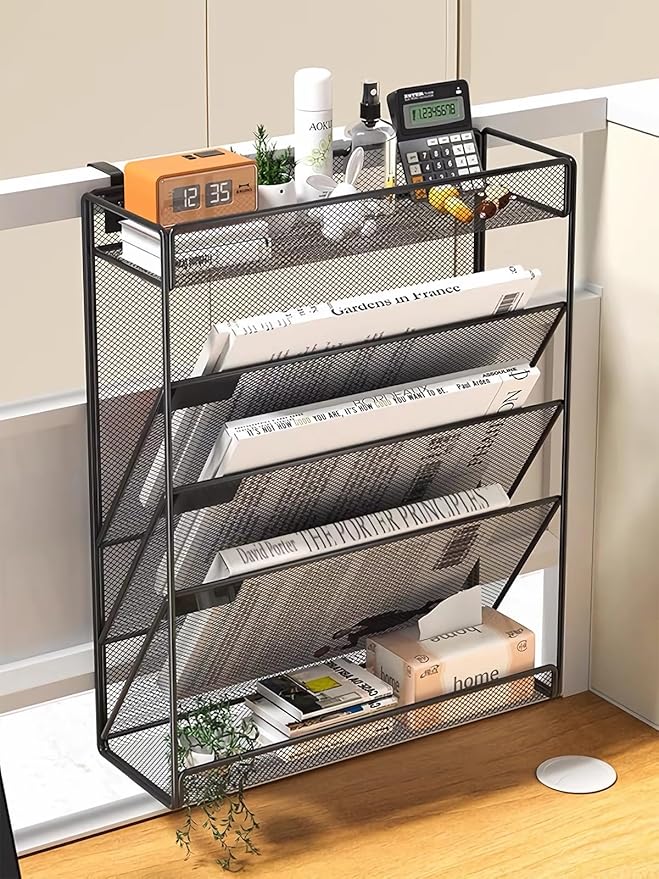 5 Tier Mesh Wall File Organizer,3 Pockets vertical Mount Hanging Organizer with Top/Bottom Tray | 2 Hooks | Wall Mount & Door Hanging for Office Home