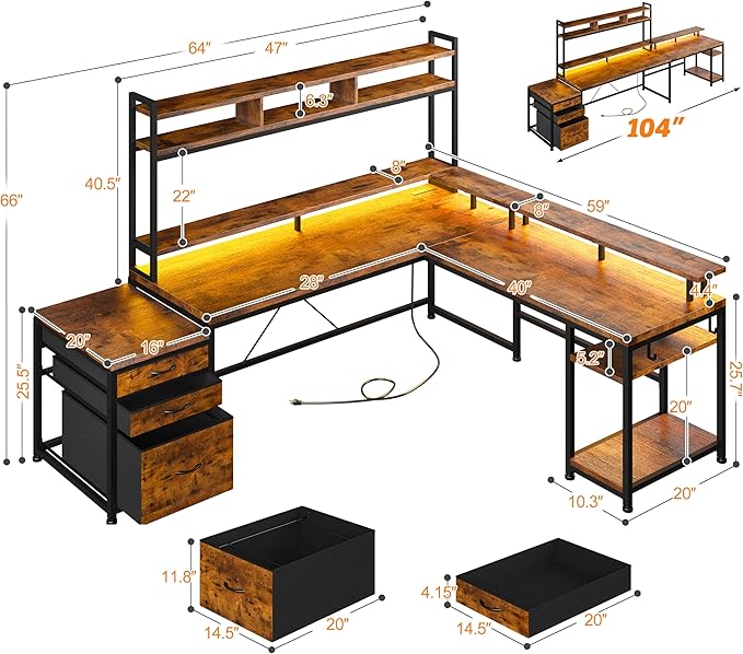 EnHomee 64 x 60 Inch Reversible L Shaped Gaming Desk with Hutch, 3 Drawers, Power Outlet & LED Lights, Two Person Corner Computer Desk with Monitor Stand for Home Office, Bedroom, Living Room