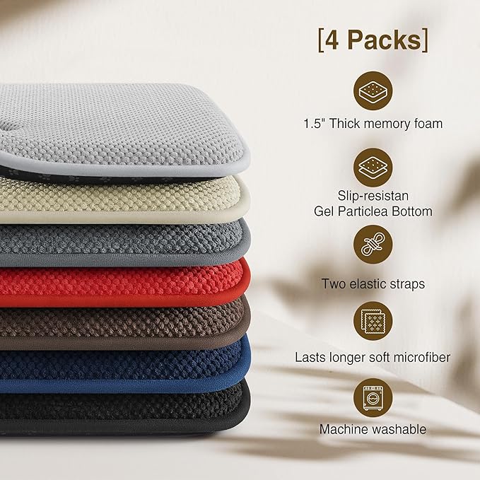 puredown® Chair Cushions for Dining Chairs, Set of 4 Memory Foam Seat Cushions with Non-Slip Backing & Ties, 16" x 16" x 1.5", Comfortable & Supportive Dining Chair Pads for Kitchen, Red