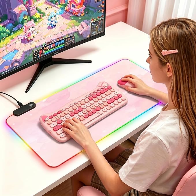 RGB Large Gaming Mouse Pad, Extended Mouse Pad with 12 Lighting Effects, Water Proof Mutispandex Surface, Non-Slip Rubber Base, 80x30 cm / 31.5×11.8 in (Pink Nebula)