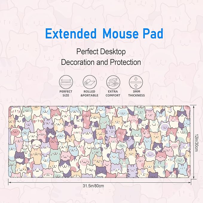Cute Cat Mouse Pad,Large Cat Gaming Mousepad for Desk Decor,Big Kawaii Cartoon Cream Cat Keyboard Non-Slip Mousemat with Stitched Edges for Home Office Work,31.5 x 12in