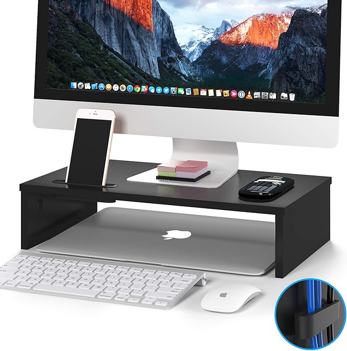1home Monitor Stand Riser, 16.7 Inch Wood Monitor Riser Stand with Storage Organizer, Desktop Ergonomic Monitor Stand Riser with Cellphone Holder and Cable Management, Black