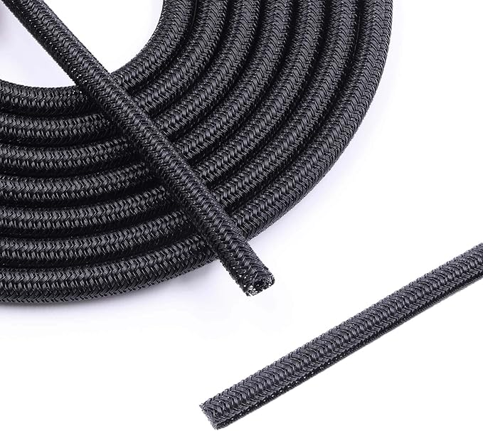 1/4" Braided Cable Sleeve - 10Ft Cat Cord Protector Split Wire Loom Tubing Flexible Self Wrapping for USB, Audio, Automotive Cord, Dog Chew Proof Cable Protector - Black