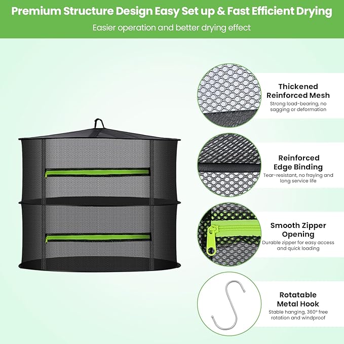 MEKOLIFE 2 Layer Herb Drying Rack, Collapsible Mesh Drying Rack, Small Hanging Drying Net with Green Zipper & Hooks, Indoor Outdoor for Drying Herbs, Socks, Underwear, Seafood & Camping Food (11.81")