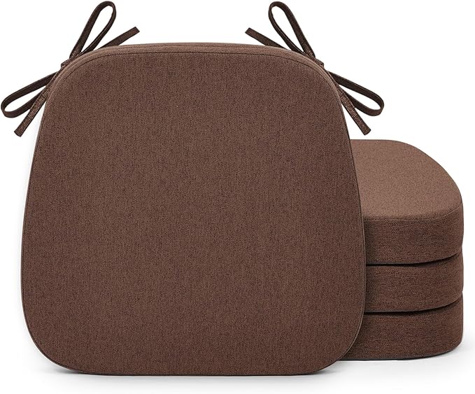 Shinnwa Dining Chair Cushions Set of 4, Non-Slip Kitchen Chair Cushions with Detachable Straps and Machine Washable Cover, 4 Pack, 17x16x2in, Brown