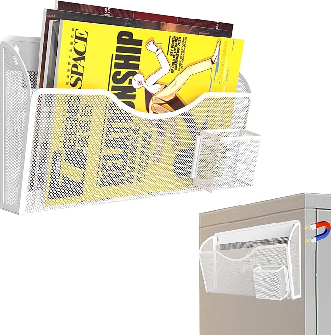 Magnetic File Holder 1 Pockets File Folder Organizer with Pen Holder, Office Hanging Magazine Rack for File Cabinets, Magnetic Paper Holder, No Drilling Mail Organizer for Refrigerator, Office (White)