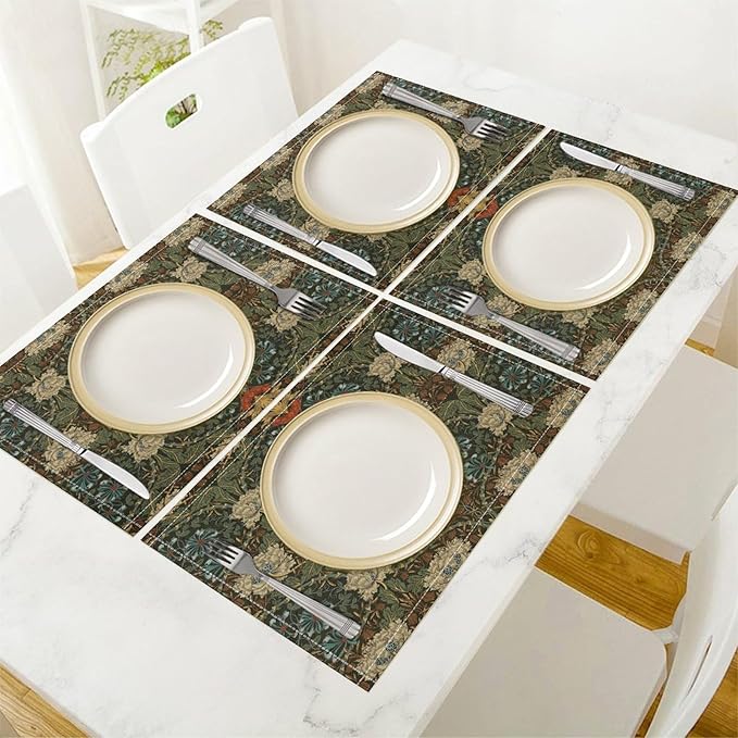 William Morris Floral Placemats Vintage Flower Art Style Boho Chic Retro Floral Linen Washable Table Mats Stain Heat-Resistant Desktop Decor Place Mats for Home Kitchen Dining Party 12x18 in 6 Pcs