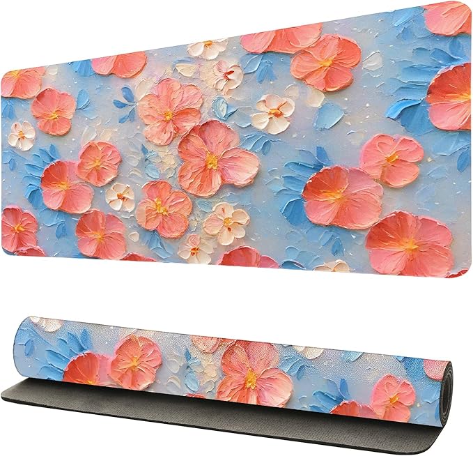 Oil Painting Flowers Desk Mat for Women, Large PU Leather Desk Pad with Non-Slip Base, Aesthetic Office Keyboard Cover for Gaming & Home Work, Artistic Desk Decor (23.6x11.8 Inch)