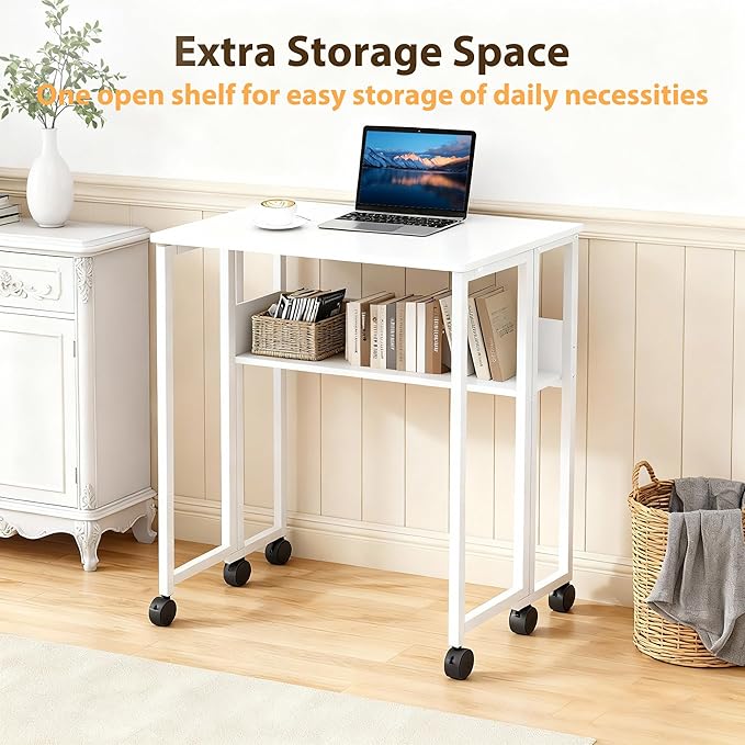Folding Desk Small Rolling Desk with Storage Shelf,24.8 Inch Foldable Computer Table with Wheels,Portable Office Desk for Small Space Sofa Table,Easy to Fold,Writing Work Office Computer Desk,White