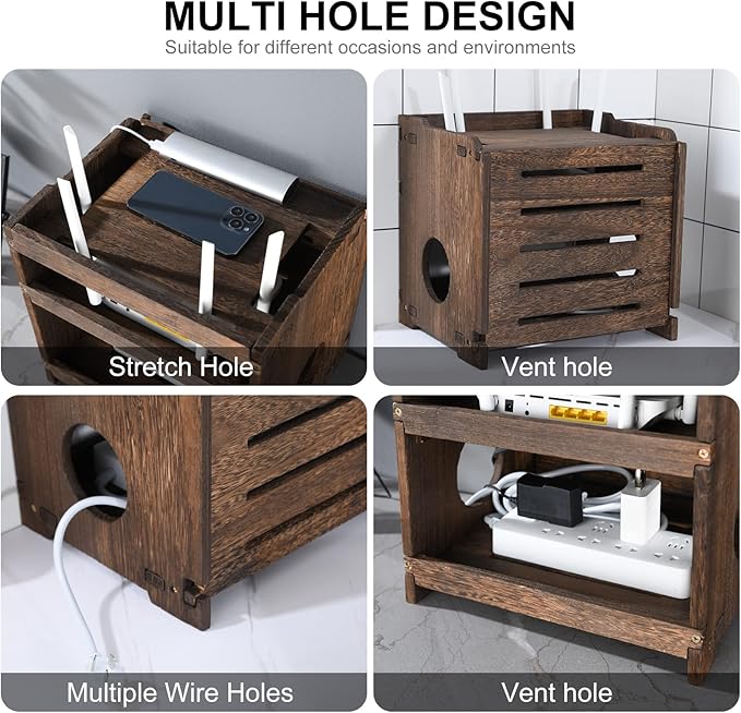 Wooden Wireless WiFi Router Storage Box Modem Router Cover Wood Shelf Power Strip and Cable Management Hider Rack Office Desktop Organizer Shelves Rural Need Assembly