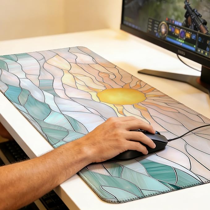 Abstract Serene Ocean Sunrise Mouse Pad,35.4 x 15.7 Inch Large Mouse Mat Non-Slip Rubber Stitched Edges for Writing Desk,Office,Home,Laptop