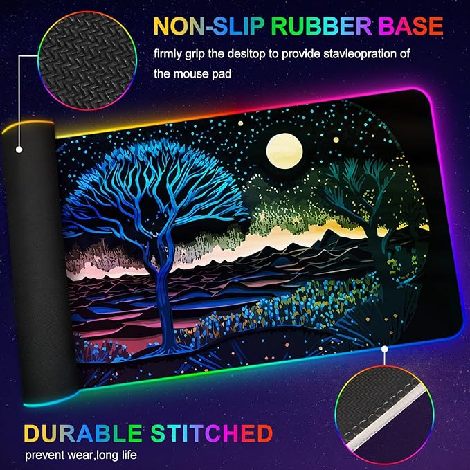 ARTSO Extra Large RGB Gaming Mouse Pad with 14 Light Modes, Extended Soft LED Mousepad, Anti-Slip Rubber Base, Computer Keyboard Mat (35.4 x15.7 Inch), Mysterious Tree