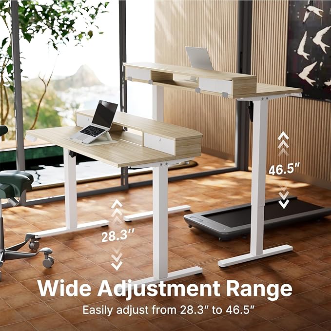 HUANUO 40 x 24 inch Small Electric Standing Desk with 2 Drawers, C-Clamp Mount Compatible, Height Adjustable Sit Stand Desk, Home Office Stand Up Desk with 4 Memory Height Settings, Light Walnut