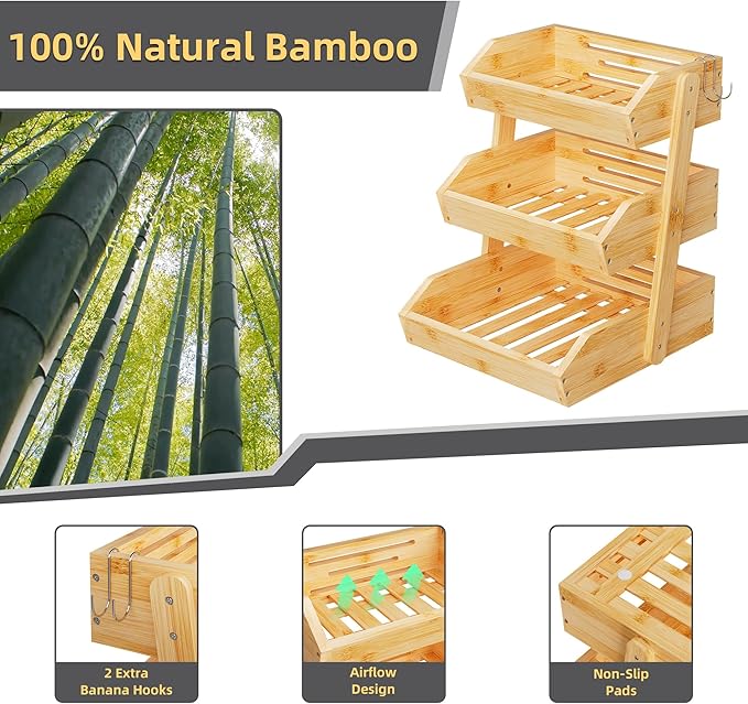 Bamboo 3 Tier Fruit Basket For Counter, Large Capacity Fruit Storage Countertop, Fruit Holder, Wooden Pantry Organizers and Storage, Kitchen Countertop Organizer With 2 Banana Hangers (Bamboo)