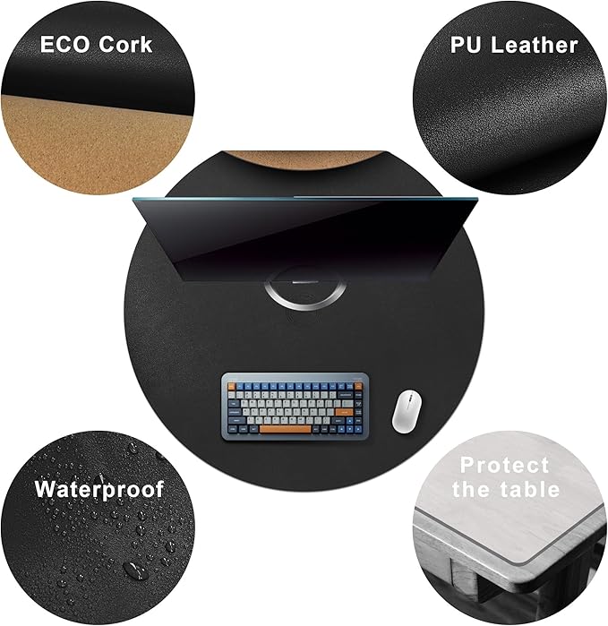 CENNBIE 30/24/20/18 Inches Round Table Mat - Cork Leather Table Pad - Suitable as Side Dining Coffee Table Cover Protector (Black)