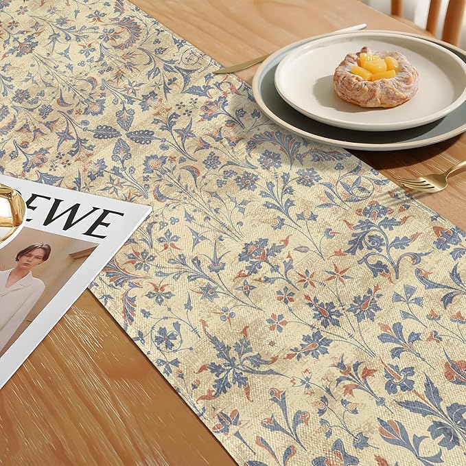 Boho Floral Cream Table Runner,Vintage Elegant Farmhouse Table Center Linen Decor,Country Rustic Farmhouse Magical Fall Kitchen Dining Table Decoration for Home Dining Party Decor 13x108 Inch