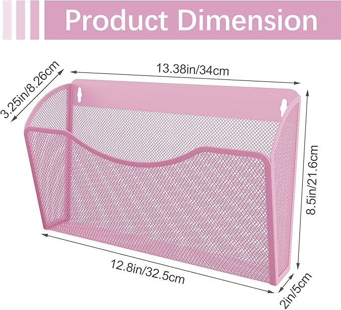 EasyPAG Wall File Organizer, Metal Mesh Hanging File Folder Holder for Letter/A4 Size Folders, Vertical Wall Mount Mail Sorter for Office Paperwork, Classroom, Pink