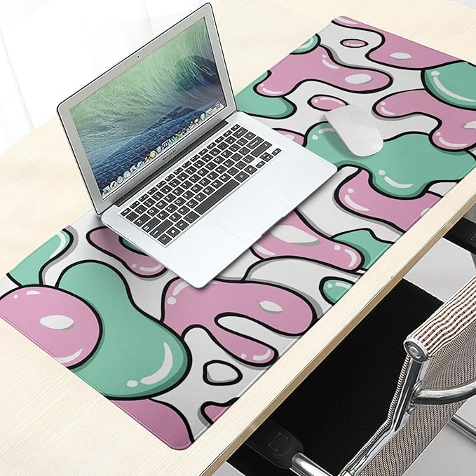 Pink Green White Mouse Pad 35.4”x15.7” Anime Cool Geometric Japanese Desk Mat Extended XXL Mouse Pad Non-Slip Rubber Base Stitched Edge Keyboard Mouse Mat Laptop Desk Pad Large for Working