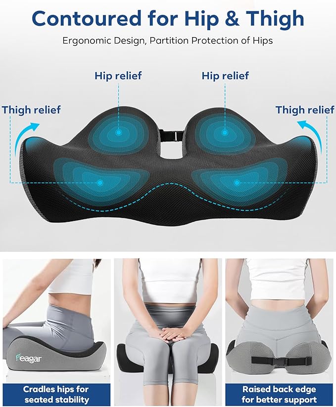Feagar Seat Cushion for Office Chair - Memory Foam Tailbone Cushion for Desk Chair, Car Seat and Wheelchair - Ergonomic Chair Pad for Hip and Lower Back Comfort Gray