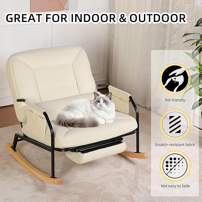 Oversized Reclining Rocking Chair with Foot Rest, 110°–160° Adjustable Backrest, Upholstered Armchair with Side Pocket for Nursery and Living Room, Beige