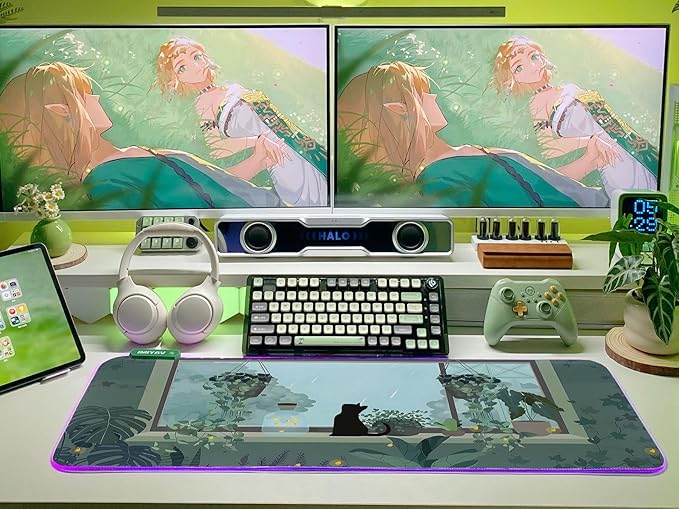 JMIYAV Black Kitten RGB Green Gaming Mouse Pad 31.5x12 Inch PC XL Large Glowing Led Light Up Desk Pad Non-Slip Rubber Base Computer Cute Mousepad Mat Desk Accessories Gaming Setup 31.5x12 Inch