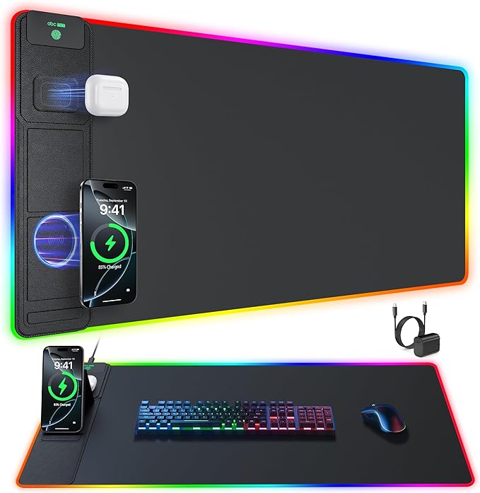 4-in-1 RGB Gaming Mouse Pad with Wireless Charging & Phone Stand, 31.5"x15.8" Large, 24 Light Effects, Non-Slip Base, Waterproof Ultra-Smooth Surface, with Adatper