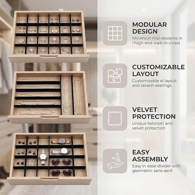 Jewelry Tray Divider Inserts DIY Organizer for Jewelry Display Boxes Adjustable Velvet Lined Dividers for Storage