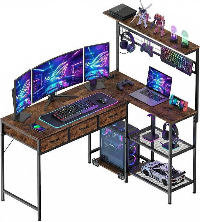 Garvee Computer Desk with 3 Fabric Drawers, 50.4 in l-Desk Display Shelves with Led Light & Power Outlet, PC Table Workstation for Home Office, Gaming Desk for Small Spaces, Rustic Brown