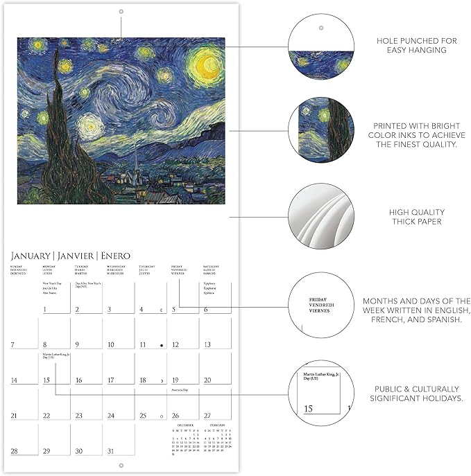 Graphique 2024 Van Gogh Mini Wall Calendar | 7” x 7” | Thick Paper | Home & Office Organizer | Large Monthly Grid | 3 Languages & Marked Holidays | 4 Month Preview Page for 2025