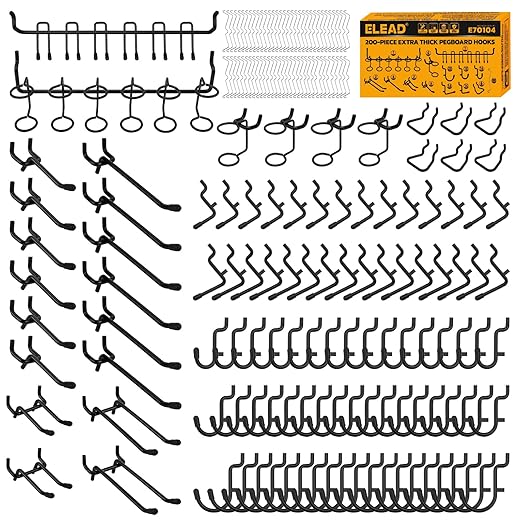 ELEAD 200-Piece Extra Thick Pegboard Hooks Set, 1/4" Heavy Duty Black Peg Board Organizer Accessories, Metal Pegboard Accessories with Pegs Lock, Peg Board Hooks for Hanging