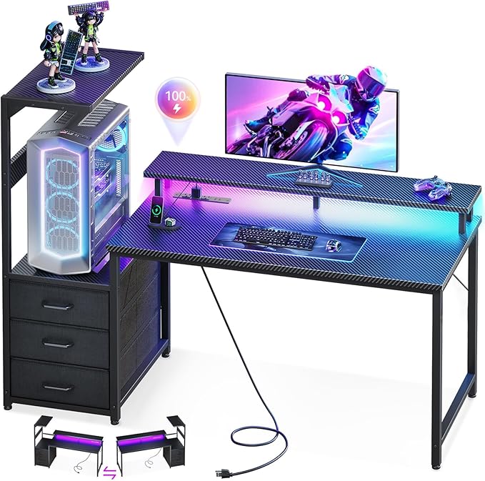 Casaottima 52 Inch Gaming Desk with USB Charging Ports & LED Light - Reversible Computer Desk with 3 Fabric Drawers, Monitor Stand, CPU Stand, Modern Office Desk, Black