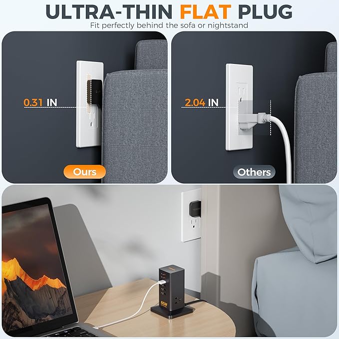 Charging Station for Multiple Devices, TESSAN 9-in-1 USB C Power Strip for iPhone 17/16/15, MacBook, Tablet, Desktop Phone Fast Charger with 3 AC, USB Charger, Home Drom Office Accessories, Black-65W