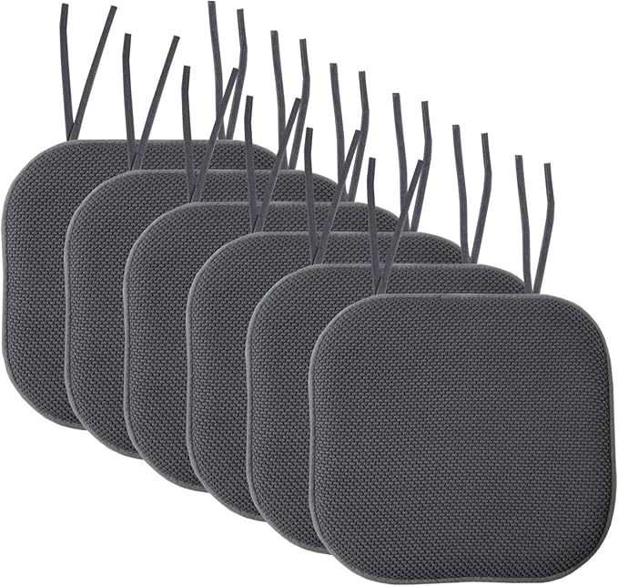 Sweet Home Collection Chair Cushion Memory Foam Pads with Ties Honeycomb Pattern Slip Non Skid Rubber Back Rounded Square 16" x 16" Seat Cover, 6 Pack, Charcoal Gray 6 Pack