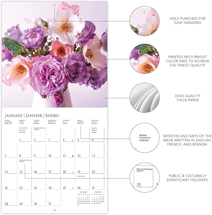 Graphique 2024 Garden Bouquets Mini Wall Calendar | 7” x 7” | Thick Paper | Home & Office Organizer | Large Monthly Grid | 3 Languages & Marked Holidays | 4 Month Preview Page for 2025