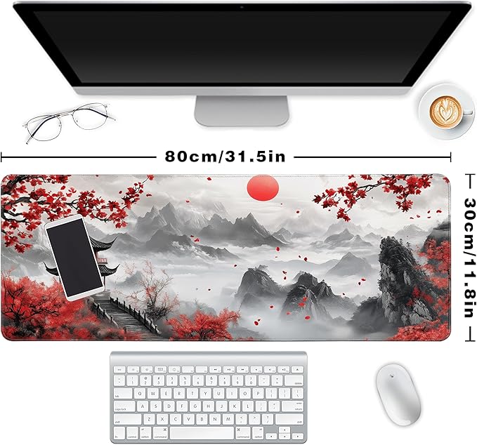 Long Gaming Mouse Pad Extended Anime Large Desk Pad with Non-Slip Base Full Keyboard Mat with Stitched Edges for Gaming and Office 31.5 x 11.8 inches (Mountain Cherry)