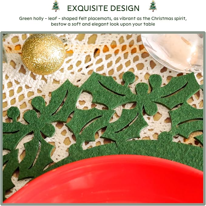 Noctiflorous Round Felt Placemats with Coasters Set of 6 Diameter 13 inch Non Slip Place Mats Heat Resistant Durable Tablemats Fall Table Decorations for Dining Table(Christmas Green, 6)