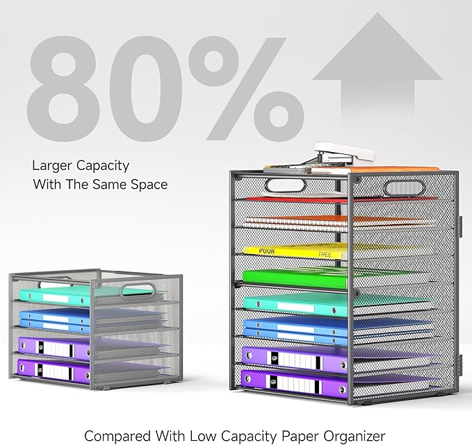 Cawukege 9 Tier Paper Organizer with Handle, 2 Pack Large Capacity Desk Organizer Mesh Paper Letter Tray File Folder Document Sorter for Classroom and Office Accessories Organization- Grey (2 Pack)