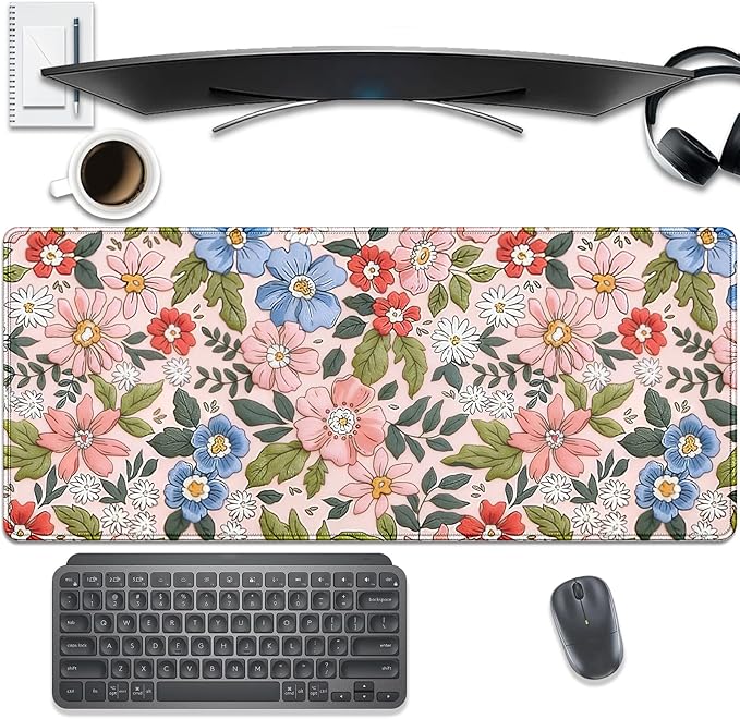 Pink Floral Large Mouse Pad Desk Pad,Flowers Extended Keyboard Mousepad with Stitched Edges, Waterproof Non-Slip Rubber Base for Office Computer Laptop Home 27.5x11.8 in