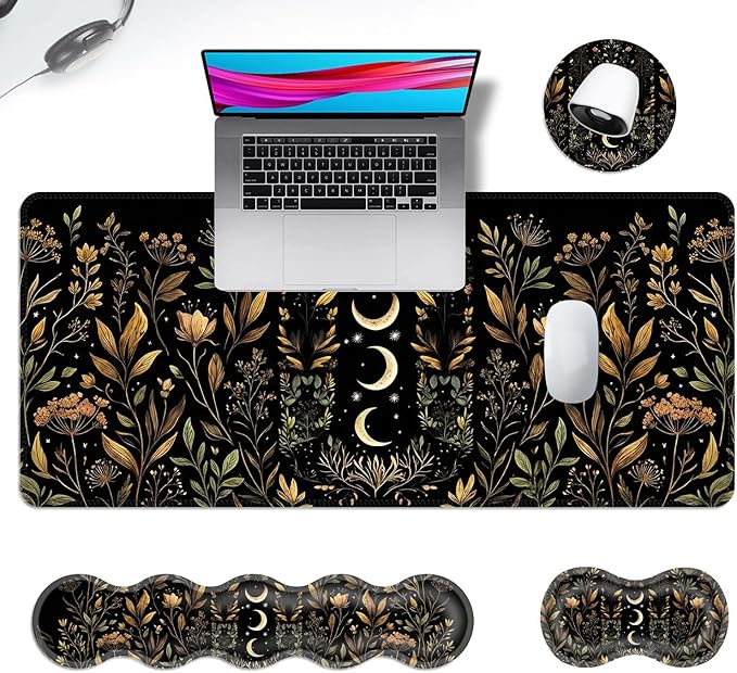 Ergonomic Mouse Pad Set with Wrist Support for Keyboard and Wrist Rest for Mouse, Memory Foam Comfort, Non-Slip Large Desk Mat for Home Office Pain Relief,Moon Star Flowers