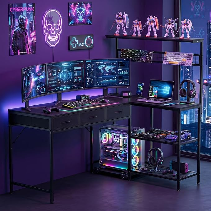 Garvee Computer Desk with 3 Fabric Drawers, 50.4 in l-Desk Display Shelves with Led Light & Power Outlet, PC Table Workstation for Home Office, Gaming Desk for Small Spaces, Black